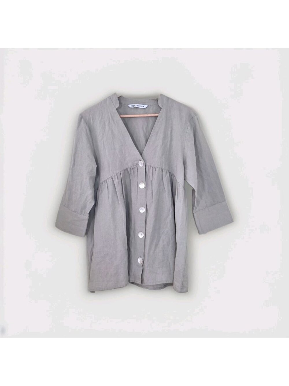 Zara Linen Cotton Tunic Top Women XS Khaki Buttons Babydoll Lagenlook Coastal